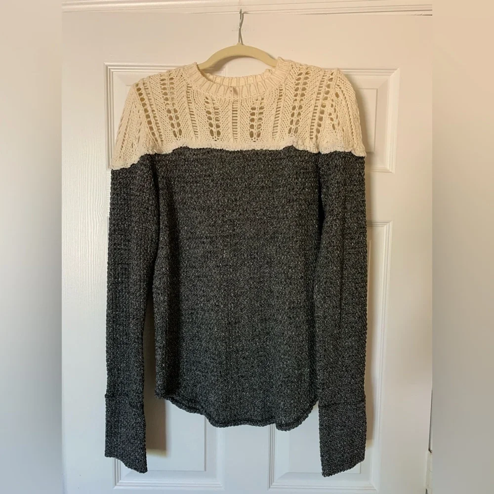 Free People Colorblock Crew Neck Sweater Gray‎ & Cream Boho Cottagecore Academia